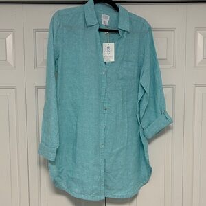NWT Sigrid Olsen Aqua 100% Linen Button Down Shirt Size L w Rolled Sleeve Option